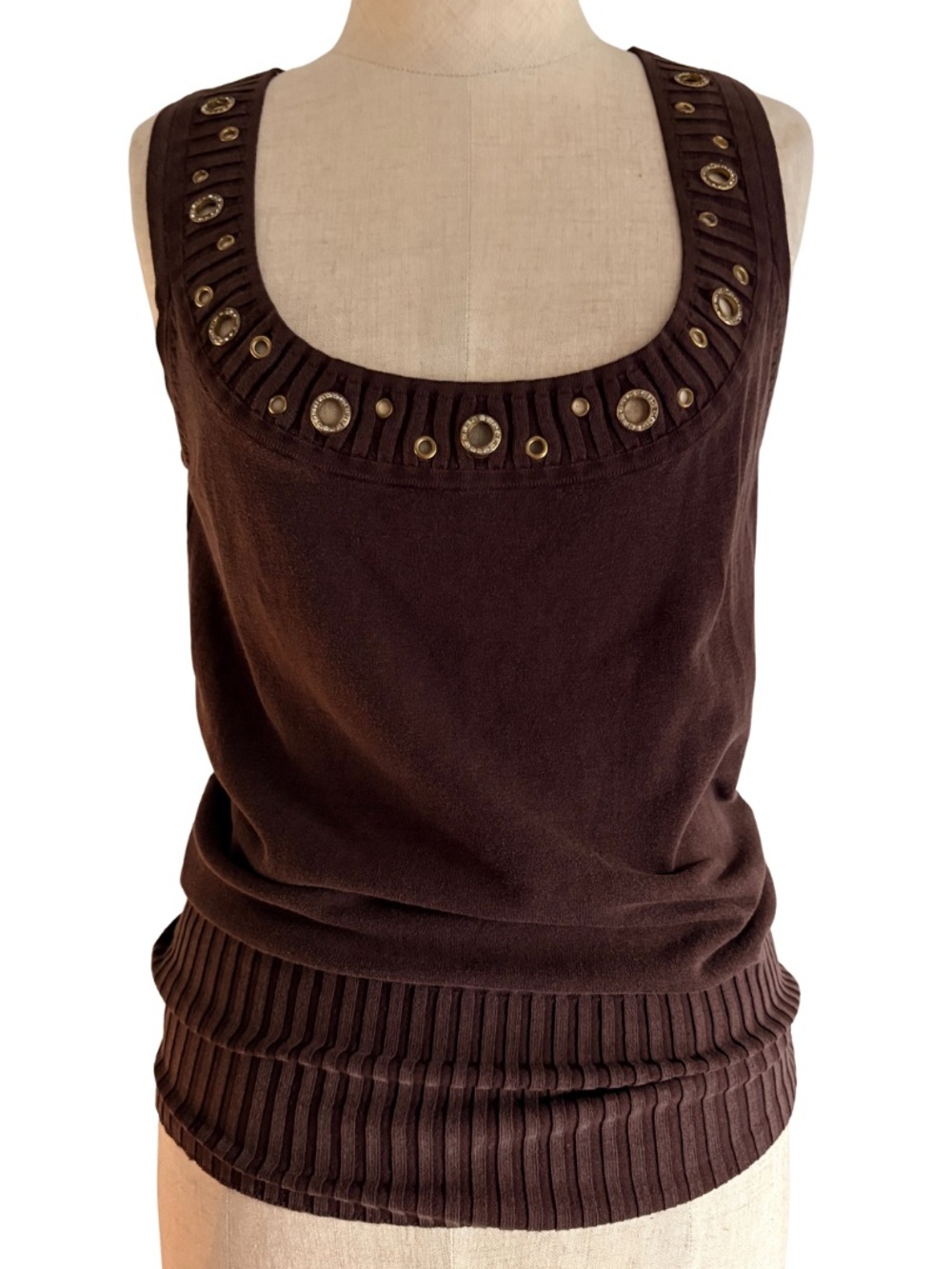 Vtg Y2K Cache Tank Top Size S Ribbed Knit Diamond Grommet Gold 2000s Brown